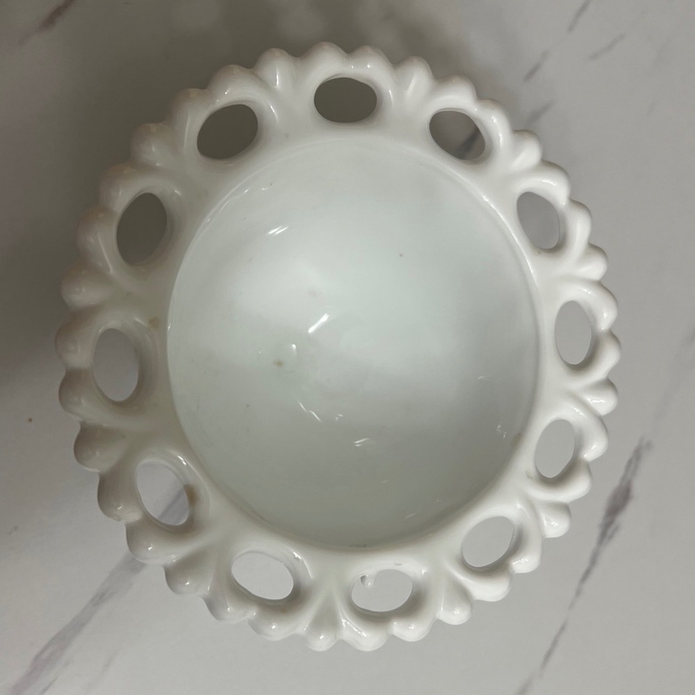 Vintage White Milk Glass Lace Heart Edge Compote Dish Square Pedestal Base 5"